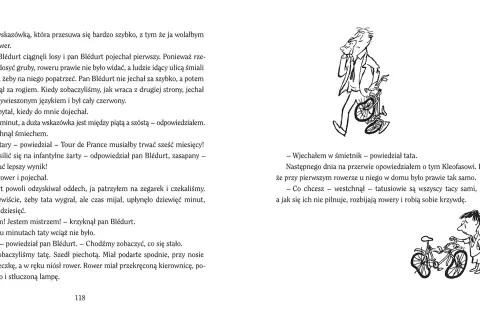 Pan Blédurt, autor Mikołajka, ściga się na rowerze. Dzieci obserwują jego wyczyn.