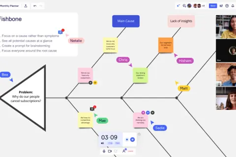 Diagramma di Ishikawa esempi: analisi delle cause di cancellazione abbonamenti, con cause come "mancanza di ricercatori" e "pipeline rotta".