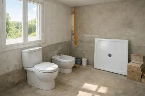 Baño en construcción con inodoro, bidet y plato de ducha. El **bajo rasante significado** se observa en la pared con azulejos hasta cierta altura y luego hormigón.