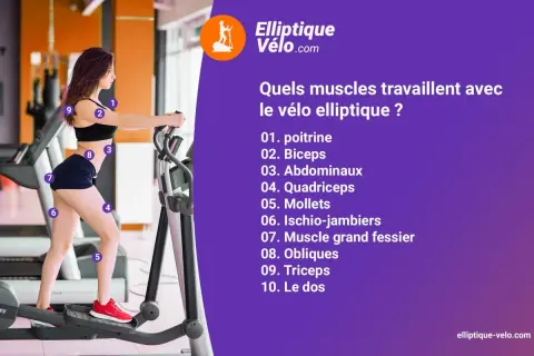 Une femme utilise un vélo elliptique, un appareil de fitness qui sollicite de nombreux muscles.