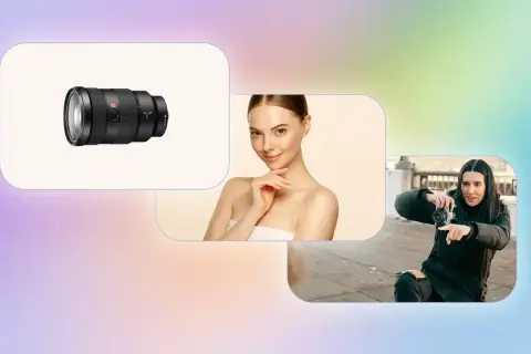 Obiektyw aparatu, portret kobiety i fotografka robiąca zdjęcie.