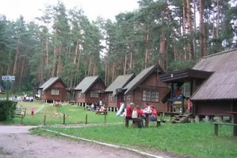 Drewniane domki letniskowe w lesie, plac zabaw i ludzie przy stołach. Stare jabłonki dodają uroku temu miejscu, oferując liczne atrakcje dla wypoczywających.