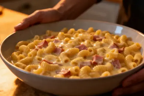 Un plat réconfortant de coquillettes au jambon, baignant dans une sauce crémeuse au fromage. Parfait pour un repas rapide et savoureux.