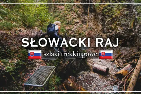 Turystka pokonuje trudny szlak w Słowackim Raju, używając drabin i klamer.