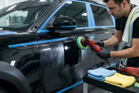 Un homme polit une voiture noire avec une polisseuse. Le travail est soigné, comme un ordre de réparation pour un véhicule de luxe.