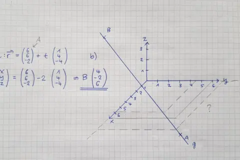 Mathematische Aufgabe: Schnittpunkt Gerade Ebene. Vektorgleichung einer Geraden und Koordinaten eines Punktes B.