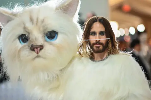 Jared Leto al Met Gala, con un outfit peloso e un gatto gigante, un'apparizione che ha fatto storia.
