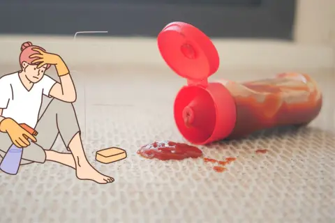 Verzweifelte Person mit Putzmitteln und Schwamm sitzt neben Ketchupfleck auf dem Boden. Der Kampf um den outdoor teppich reinigen beginnt.