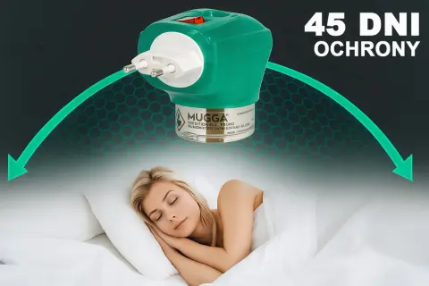 Mugga elektro chroni przed komarami przez 45 dni. Kobieta śpi spokojnie, chroniona przez urządzenie.
