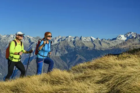 Zwei Wanderer genießen die Aussicht auf die Alpen. Sie gehen auf einem grasbewachsenen Hang, Stöcke in den Händen, mit schneebedeckten Gipfeln im Hintergrund.