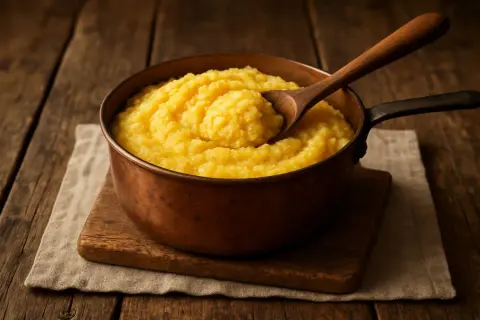 Cazuela de cobre con polenta a la plancha, lista para servir. Una cuchara de madera reposa sobre la cremosa polenta dorada.