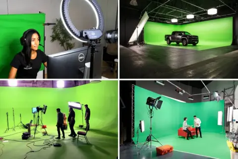 Various setups showcase professional lighting for green screen studios, from a streamer with a ring light to a car shoot and interview scenes.