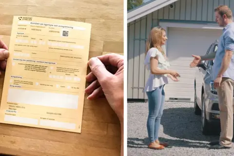 Här visas en anmälan om ägarbyte. Denna del av registreringsbeviset ska vara i bilen vid ägarbyte.