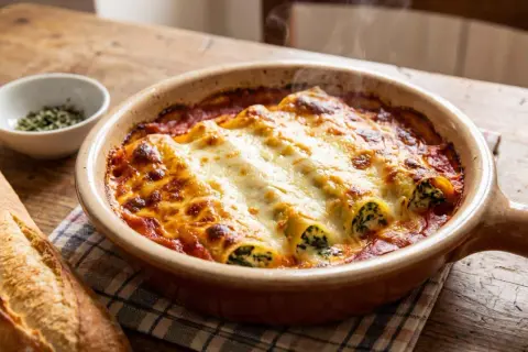 Cannelloni maison gratinés, fumants et dorés, servis dans un plat en terre cuite avec une baguette croustillante.
