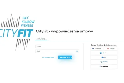 Logo CityFit i formularz logowania z opcjami Facebook, Google, PZU Sport, Fit Profit, Medicover Sport, MultiSport.