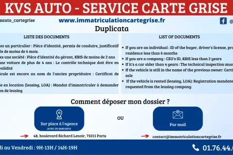 KVS AUTO propose un service carte grise. Découvrez la liste des documents nécessaires pour votre duplicata. Le prix de la perte de carte grise est abordé.