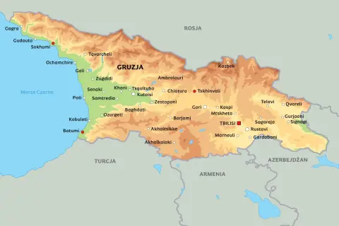 Mapa polityczna Gruzji z zaznaczonymi miastami i sąsiadującymi krajami. Gdzie leży Gruzja? Między Morzem Czarnym a Morzem Kaspijskim, na styku Europy i Azji.