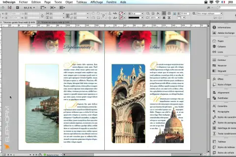 Une page de mise en page InDesign présente des images de Venise et des textes, avec des masques de carnaval.