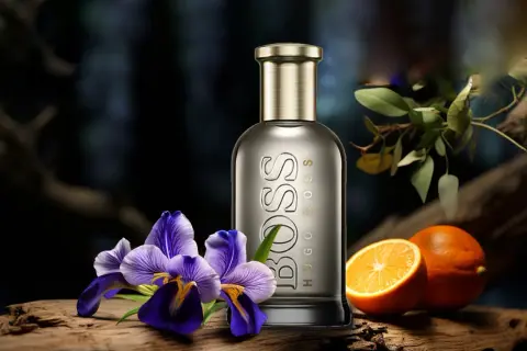 Elegancki flakon Hugo Boss Bottled 100ml otoczony fioletowymi irysami i soczystymi pomarańczami, sugeruje świeżość i wyrafinowanie.