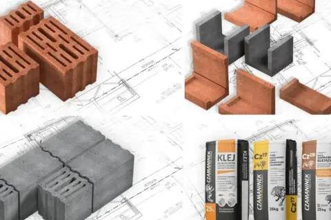 Cegły, pustaki i zaprawy budowlane, w tym materiały z keramzytobetonu, na tle planów architektonicznych.