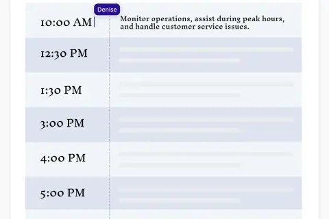 Agenda del día de Denise: monitorear operaciones, asistir en horas pico y manejar servicio al cliente.