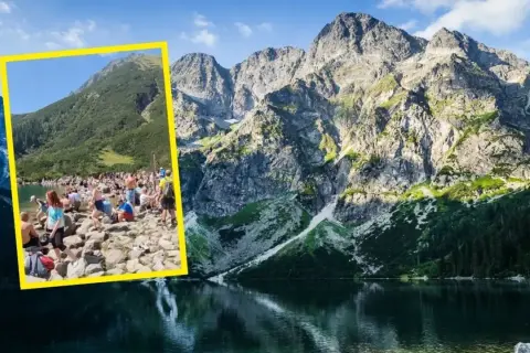 Tłum ludzi nad Morskim Okiem. Ciekawostki o tym miejscu to m.in. jego głębokość i pochodzenie.