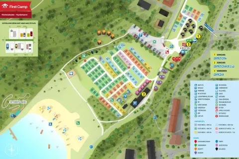 Karta över First Camp Nickstabadet – Nynäshamn med campingplatser, stugor, servicehus, vattenrutschbana och badplats.