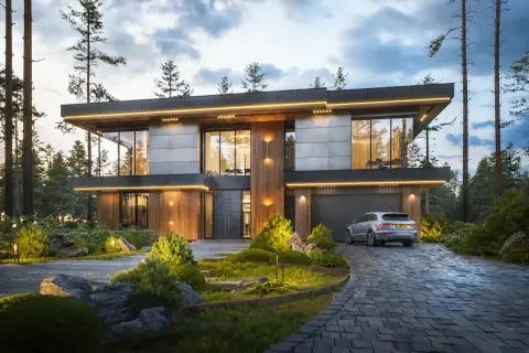 Nowoczesny dom z piwnicą, projekt z drewna i betonu, otoczony lasem. Elegancka bryła, duże okna, oświetlenie podkreślające architekturę.