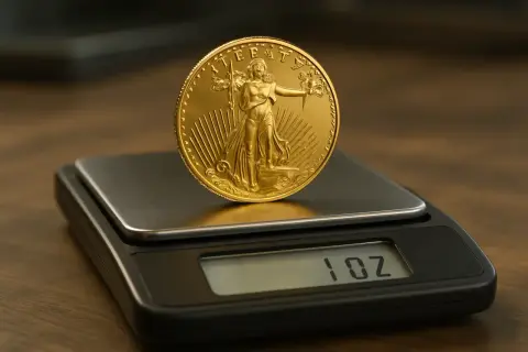 Złota moneta z Lady Liberty na wadze jubilerskiej, która pokazuje 1 uncja.