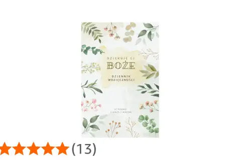 Dziennik wdzięczności z cytatami z Biblii, otoczony delikatnymi kwiatami i liśćmi.