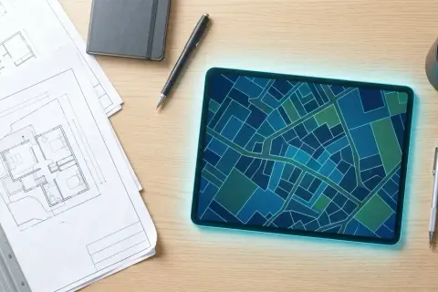 Planowanie nieruchomości i sprawdzanie, jak sprawdzić kto jest właścicielem działki, przy użyciu mapy cyfrowej na tablecie, planów architektonicznych i przyborów do pisania.