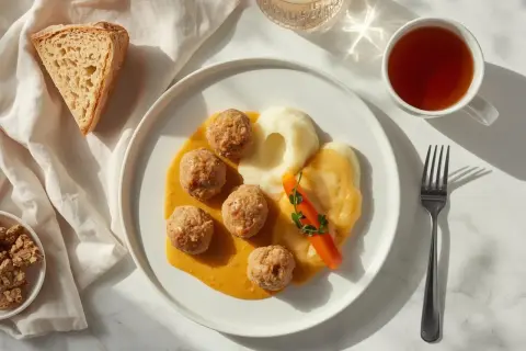 Pyszne klopsiki z puree i marchewką, idealne na dietę lekkostrawną. Do tego kromka chleba i herbata.