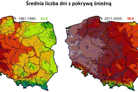 Dwie mapy Polski pokazujące średnią liczbę dni z pokrywą śnieżną w latach 1961-1990 i 2011-2020.