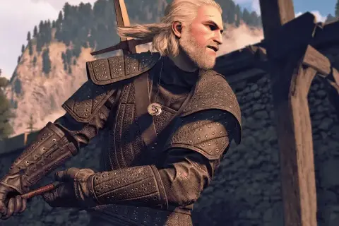 Geralt w zbroi z Wiedźmin 3, najlepszy rynsztunek, gotowy do walki.