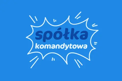 Biały dymek z napisem "spółka komandytowa" na niebieskim tle.