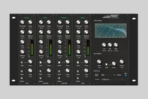 A free multiband compressor interface with four bands: Punchy, Warm, Forward, and Bright. Includes crossover and masterbus controls.
