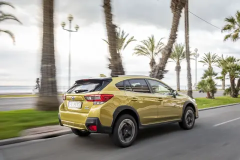 Złoty Subaru XV 2.0 benzyna jedzie wzdłuż nadmorskiej promenady, mijając palmy i biegacza.