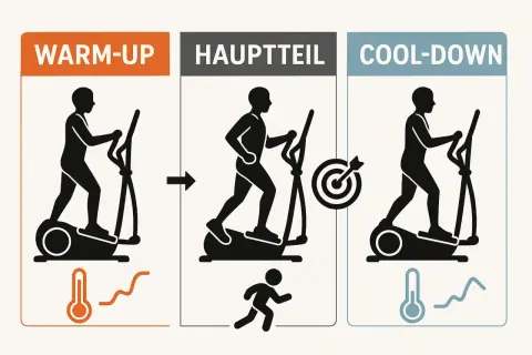 Grafik zeigt, wie man den Crosstrainer einstellen kann: Aufwärmen, Hauptteil mit Zielscheibe und Cool-Down.