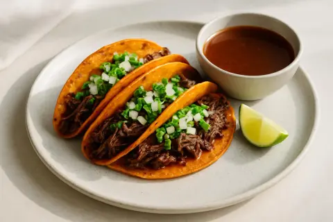 Tre saftiga el birria tacos med lök och koriander, serverade med en skål consommé och en limeklyfta.