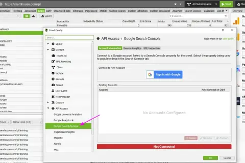 Panel boczny narzędzia SEO z opcją "Google Search Console" i ikoną przypominającą screaming frog seo spider.