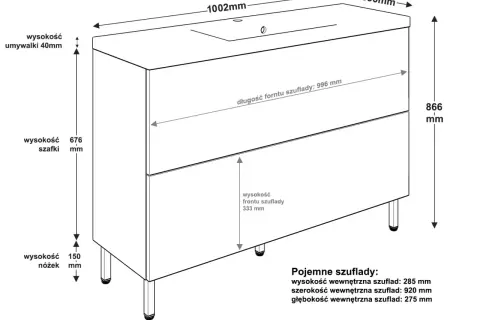 Schemat szafki łazienkowej z wymiarami: całkowita wysokość 866 mm, wysokość szafki 676 mm, wysokość nóżek 150 mm.