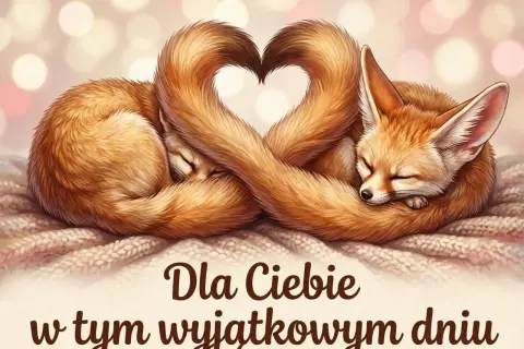 Dwa lisy fenki śpią przytulone, tworząc ogonami serce. To jak krótki wiersz dla przyjaciółki w ten wyjątkowy dzień.