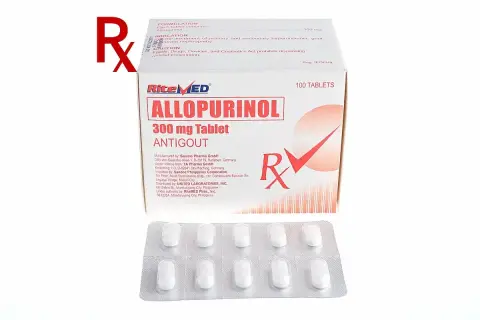 Allopurinol 300 mg, lek na dnę moczanową. Opakowanie i blister z tabletkami.