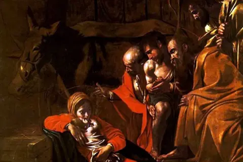 Caravaggio's masterful chiaroscuro illuminates a tender scene: Mary cradles the infant Jesus, while onlookers gaze in awe.