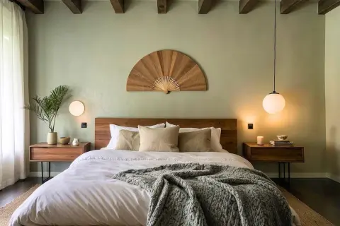 A cozy, dark bedroom with a large bed, wooden beams, and a decorative fan above the headboard.