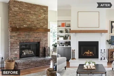 Avant/après d'une rénovation cheminée : d'une imposante structure en briques rouges à une cheminée blanche épurée, modernisée avec une étagère en bois.