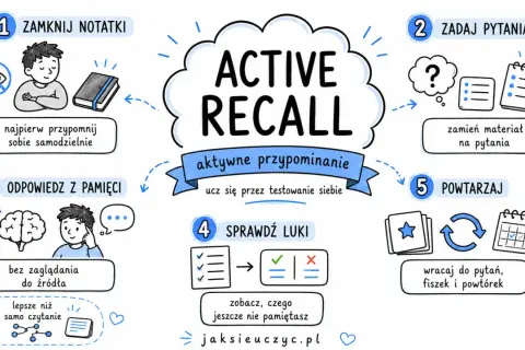 Aktywne przypominanie (Active Recall) to klucz do poprawy pamięci. Zamknij notatki, zadaj pytania, odpowiedz z pamięci, sprawdź luki i powtarzaj.