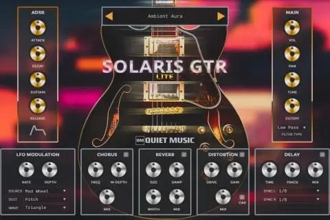 The Solaris GTR Lite, a monster guitar VST, features a sleek interface with ADSR, LFO, Chorus, Reverb, Distortion, and Delay controls.