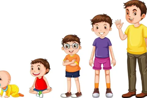 Cinco niños ilustran las etapas de la vida, desde un bebé gateando hasta un joven saludando.