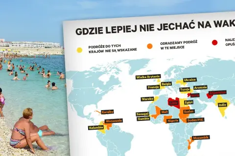 Mapa świata z zaznaczonymi krajami, gdzie lepiej nie jechać na wakacje w lipcu. Tłum ludzi na plaży.